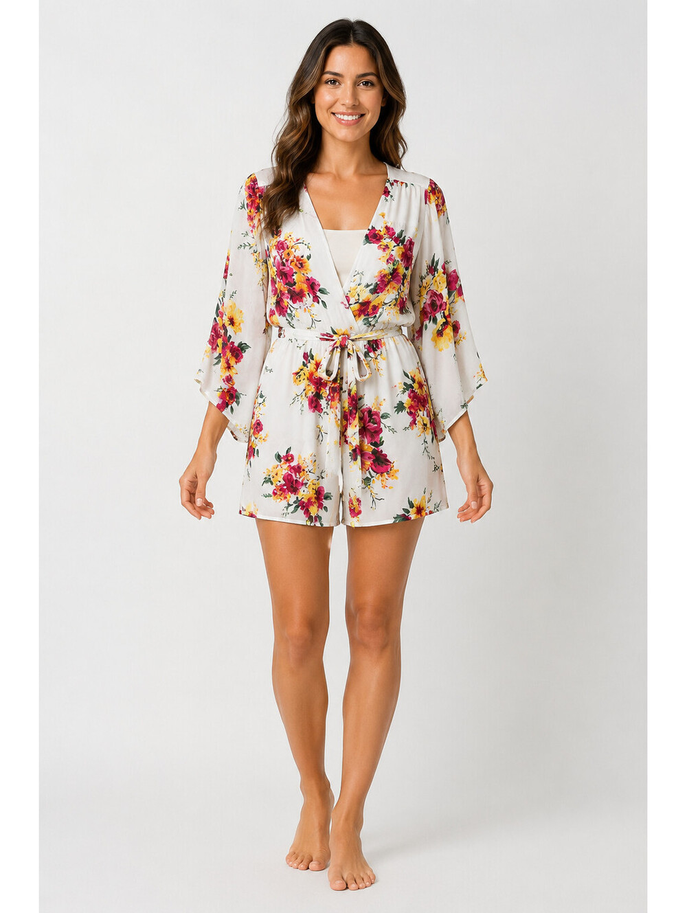 Charlotte Russe Women's White Floral V-Neck Romper Tie Waist